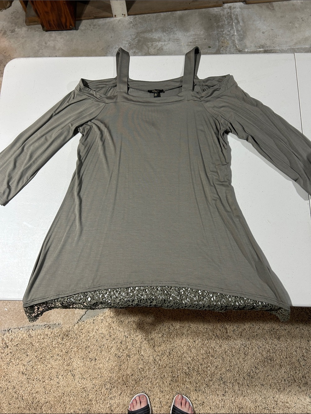Cupio Olive Cold-Shoulder Tunic with Lace Hem